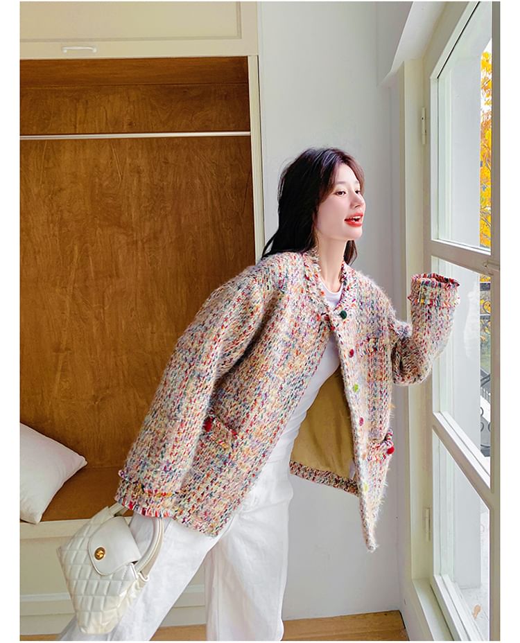 Crew Neck Fringed Button-Up Tweed Jacket