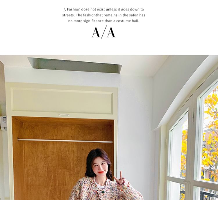 Crew Neck Fringed Button-Up Tweed Jacket