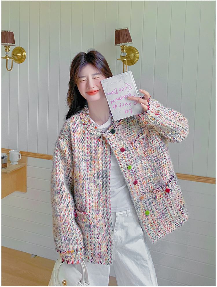 Crew Neck Fringed Button-Up Tweed Jacket