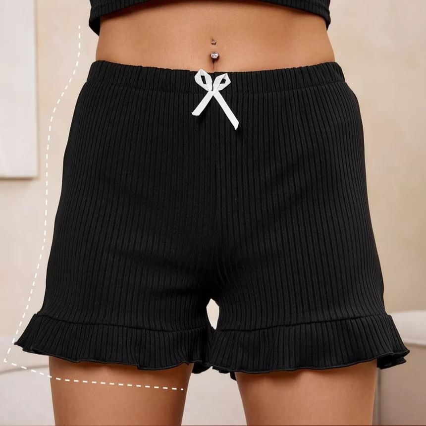 Lace Trim V-Neck Crop Cami + Frill Shorts Pajama Set