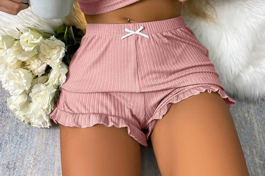 Lace Trim V-Neck Crop Cami + Frill Shorts Pajama Set