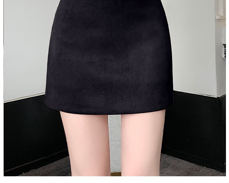 High-Rise Belted Faux Suede Mini A-Line Skirt