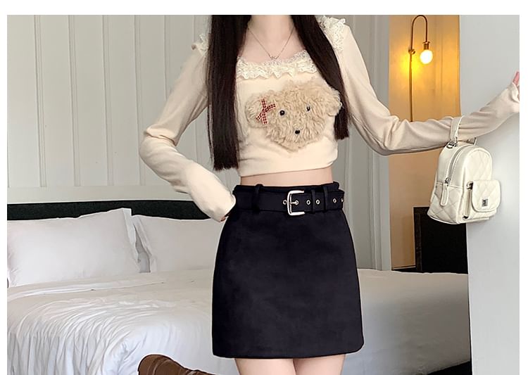 High-Rise Belted Faux Suede Mini A-Line Skirt