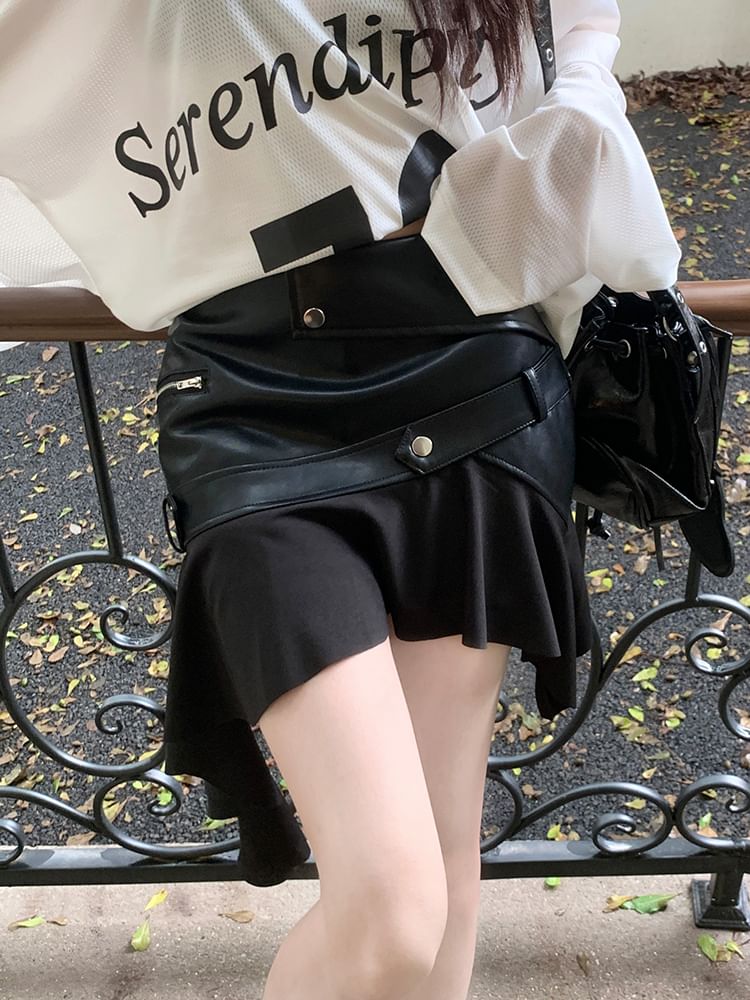 High-Rise Faux Leather Asymmetrical Mini A-Line Skirt