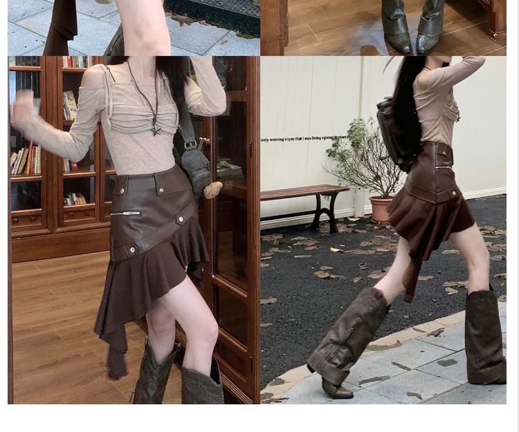 High-Rise Faux Leather Asymmetrical Mini A-Line Skirt