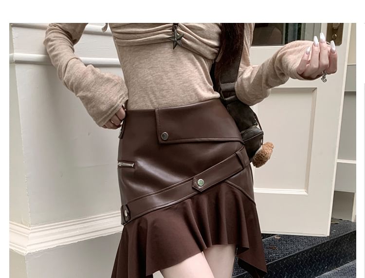 High-Rise Faux Leather Asymmetrical Mini A-Line Skirt