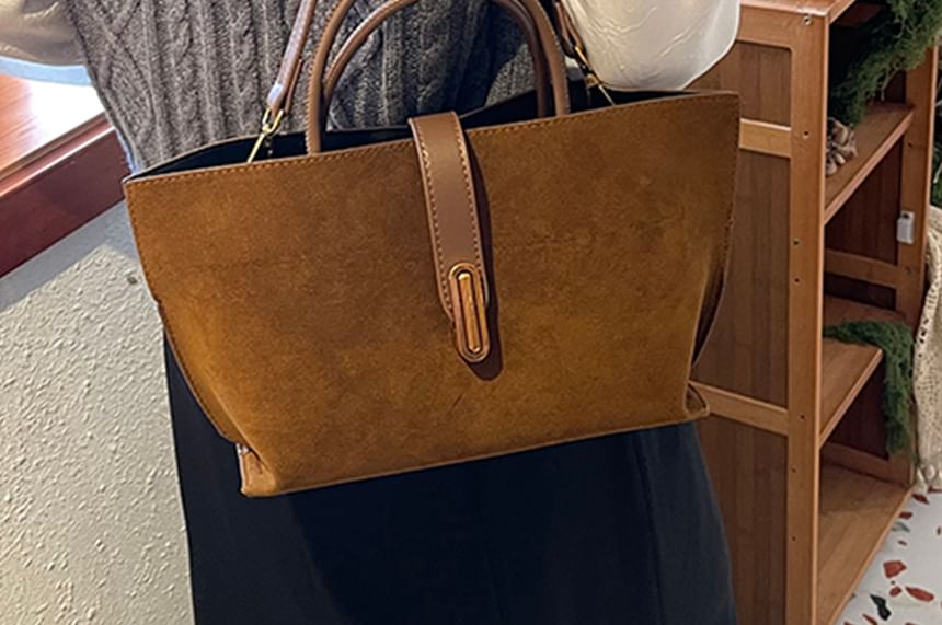 Handle Bag With Plain Faux Crossbody Top Suede Pouch