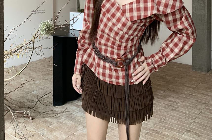 Long-Sleeve Off-Shoulder Plaid Blouse, High-Waist Tiered Mini A-Line Skirt & Belt Set