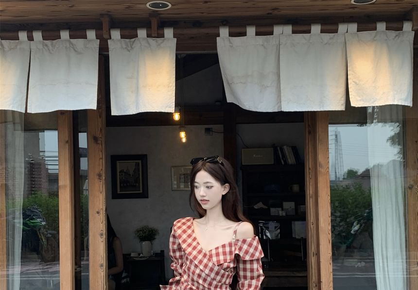 Long-Sleeve Off-Shoulder Plaid Blouse, High-Waist Tiered Mini A-Line Skirt & Belt Set