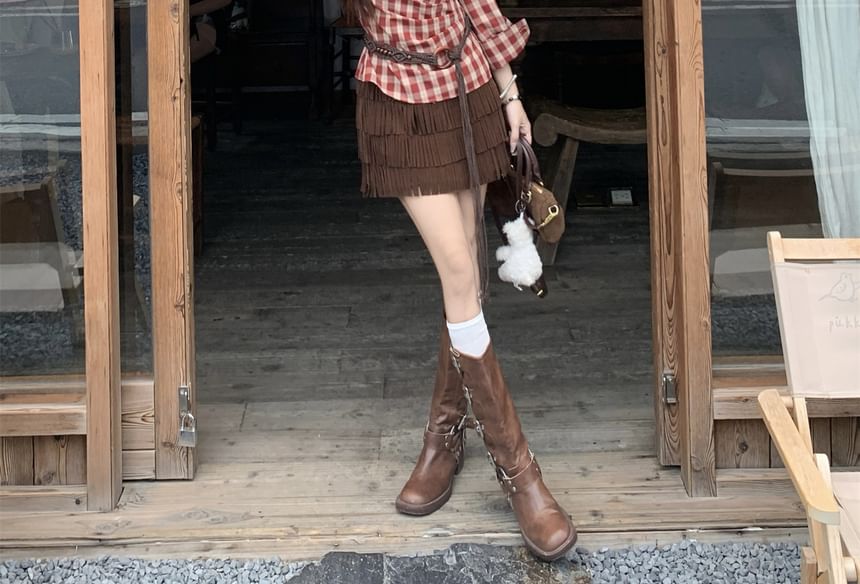 Long-Sleeve Off-Shoulder Plaid Blouse, High-Waist Tiered Mini A-Line Skirt & Belt Set