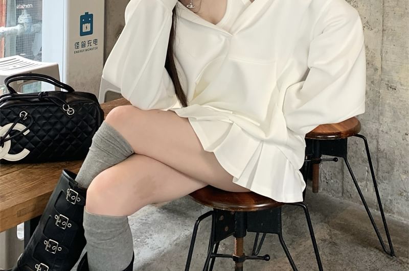 V-Neck Oversized Hoodie, High-Waist Mini Pleated Skirt & Scoop Neck Tank