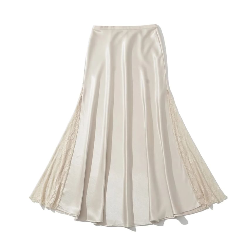 Satin Lace Panel Maxi Skirt - High Rise