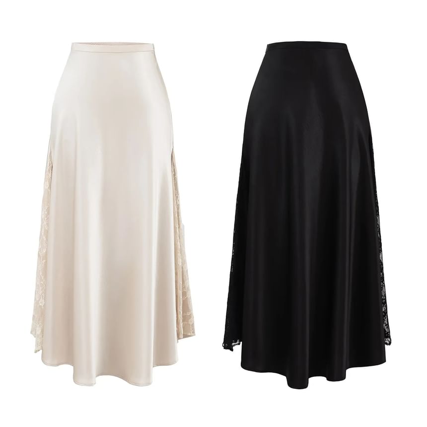 Satin Lace Panel Maxi Skirt - High Rise