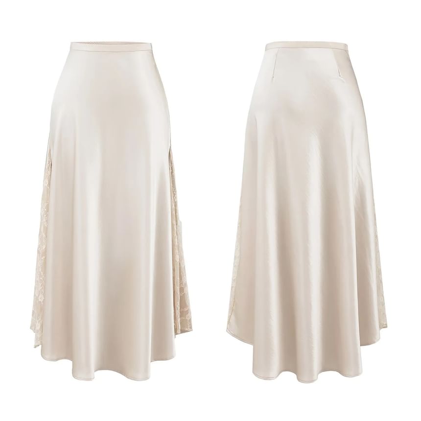 Satin Lace Panel Maxi Skirt - High Rise