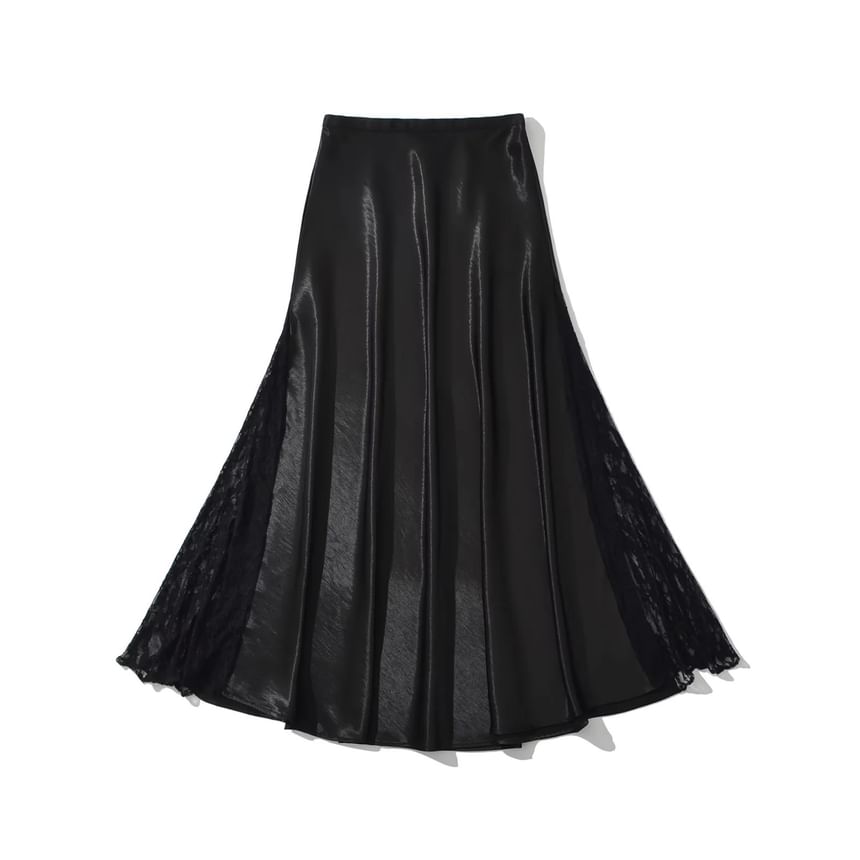 Satin Lace Panel Maxi Skirt - High Rise