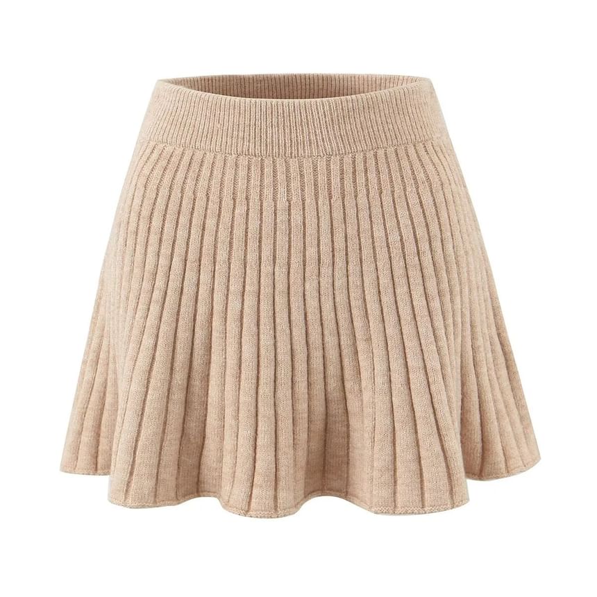 Ribbed Knit Mini A-Line Skirt - High Waist