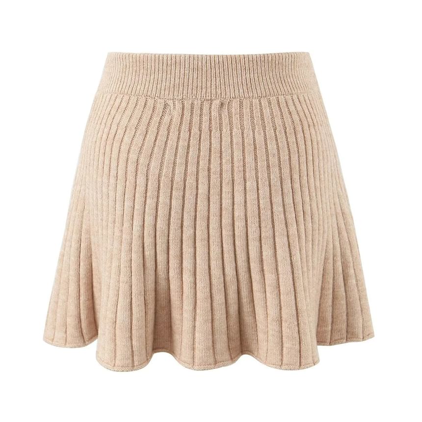 Ribbed Knit Mini A-Line Skirt - High Waist