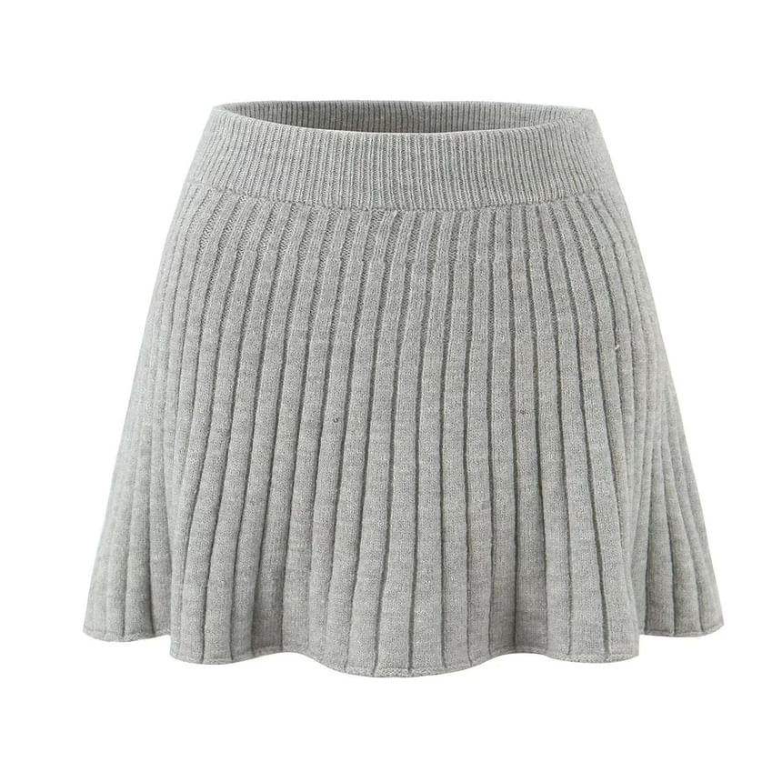 Ribbed Knit Mini A-Line Skirt - High Waist