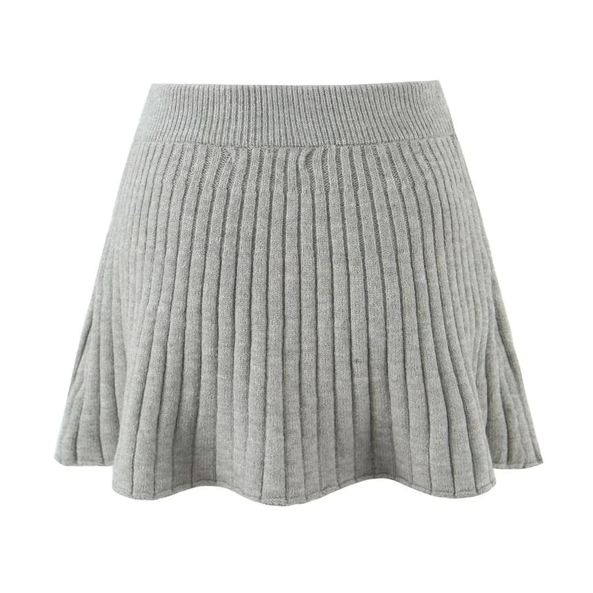 Ribbed Knit Mini A-Line Skirt - High Waist