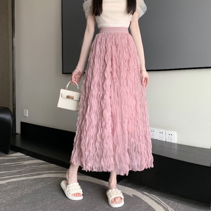 High-Waist Crinkle Mesh Midi A-Line Skirt