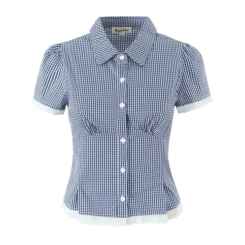 Puff-Sleeve Gingham Lace Blouse & Mini Pencil Skirt