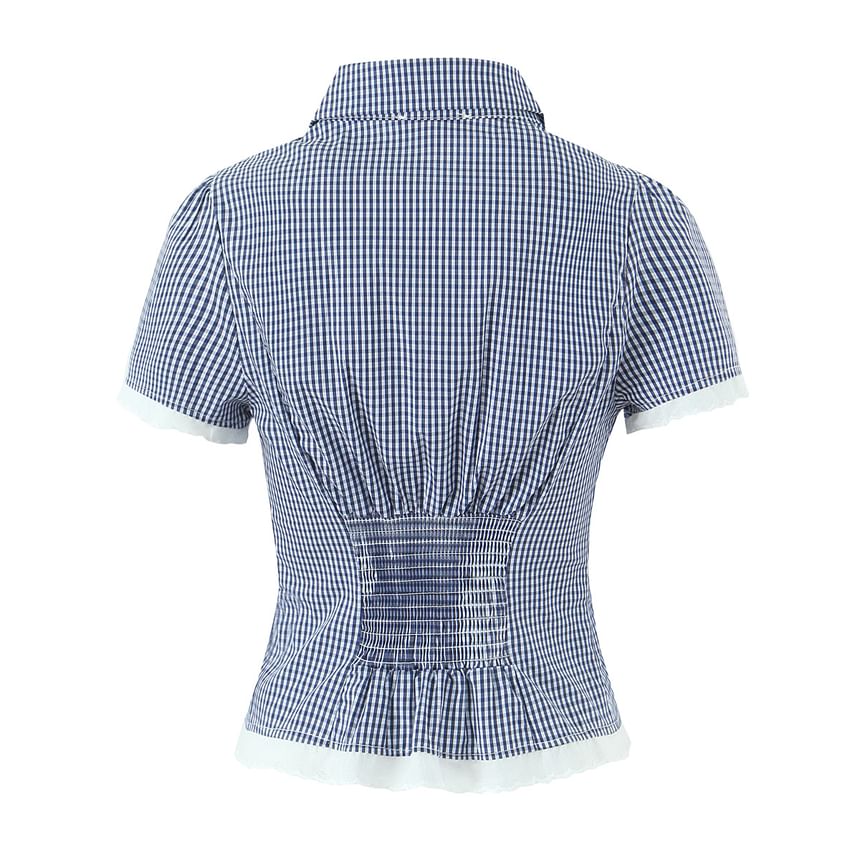 Puff-Sleeve Gingham Lace Blouse & Mini Pencil Skirt