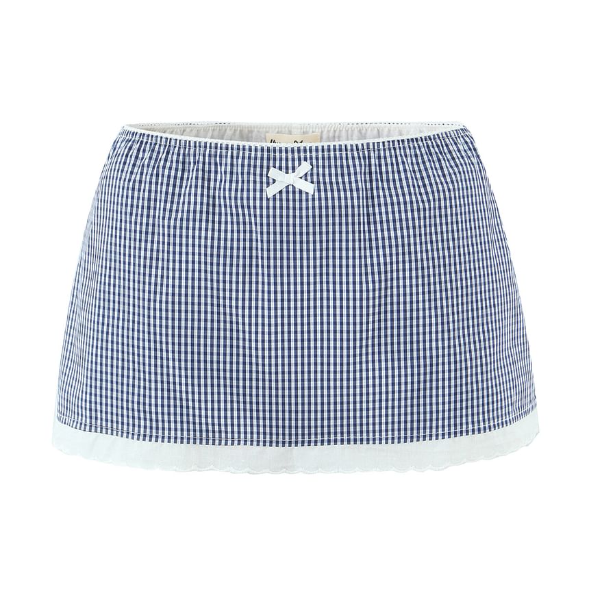 Puff-Sleeve Gingham Lace Blouse & Mini Pencil Skirt