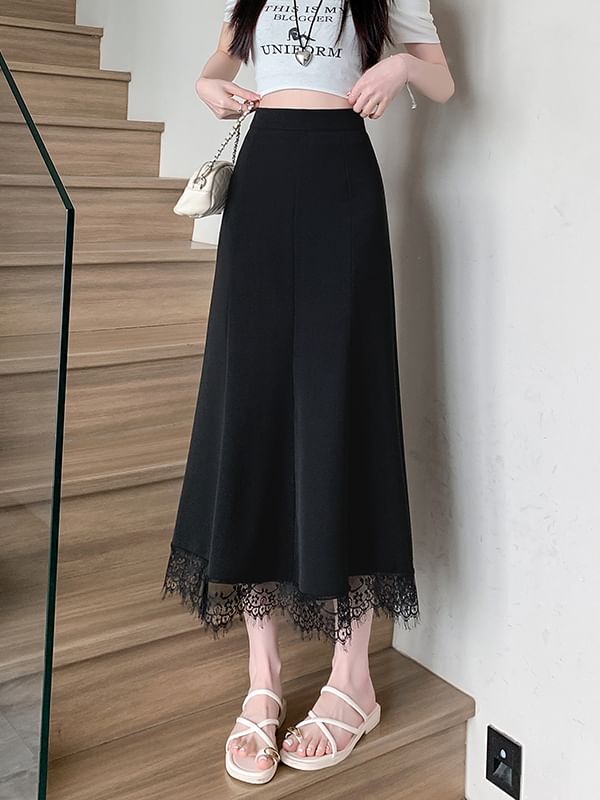 Lace Midi A-Line Skirt - High Waist