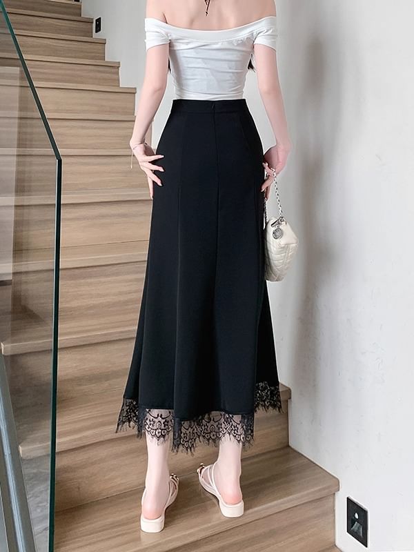 Lace Midi A-Line Skirt - High Waist