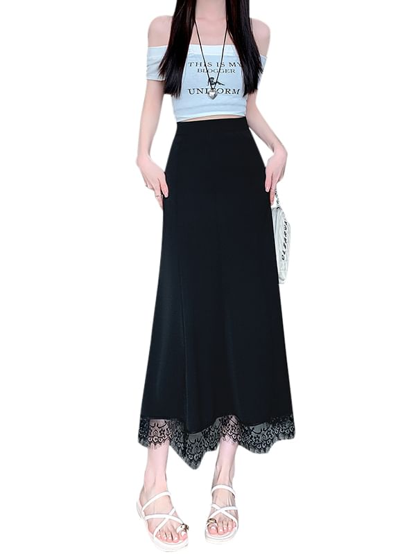 Lace Midi A-Line Skirt - High Waist
