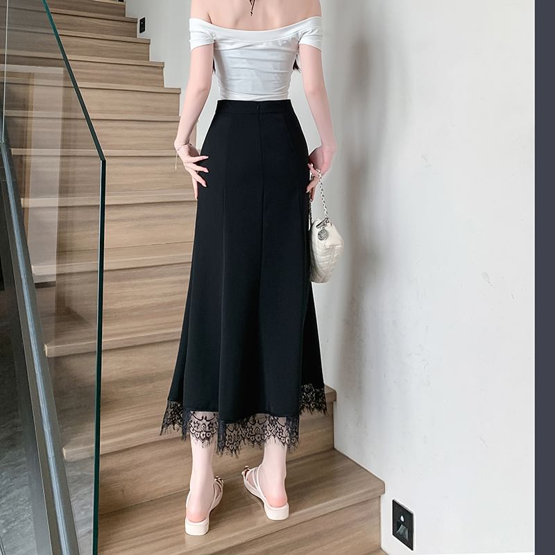 Lace Midi A-Line Skirt - High Waist