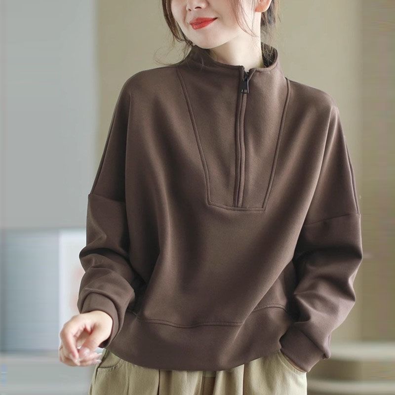 Plain Mock-Neck Half-Zip Pullover