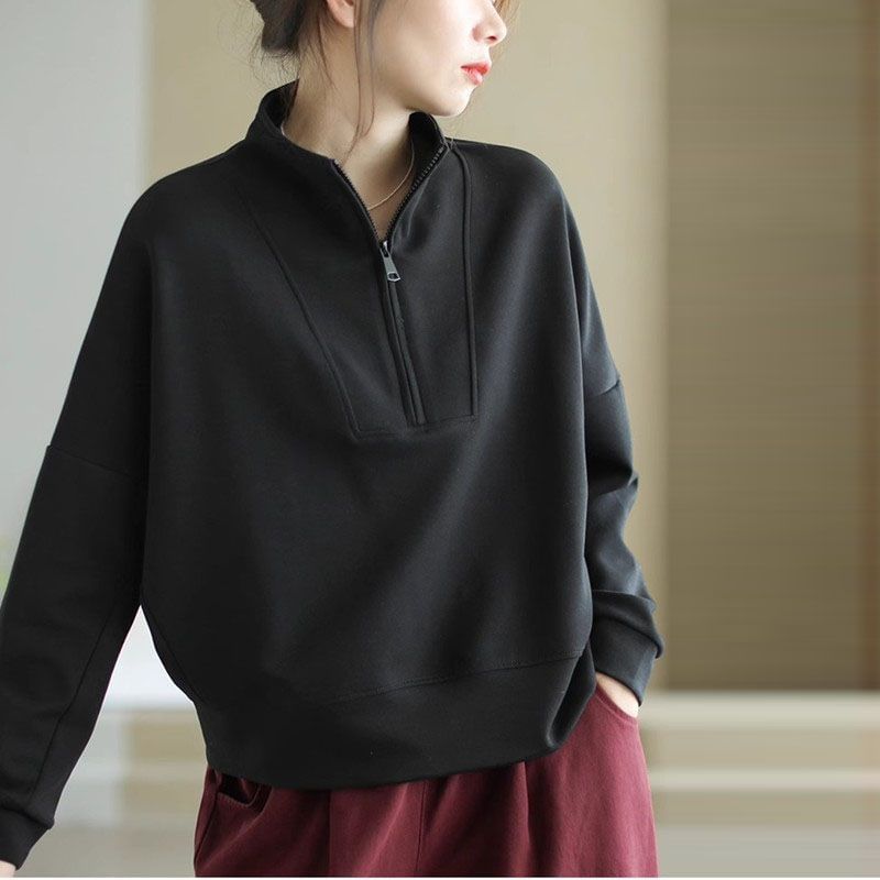 Plain Mock-Neck Half-Zip Pullover