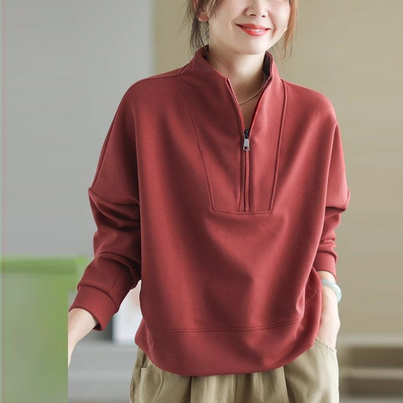 Plain Mock-Neck Half-Zip Pullover