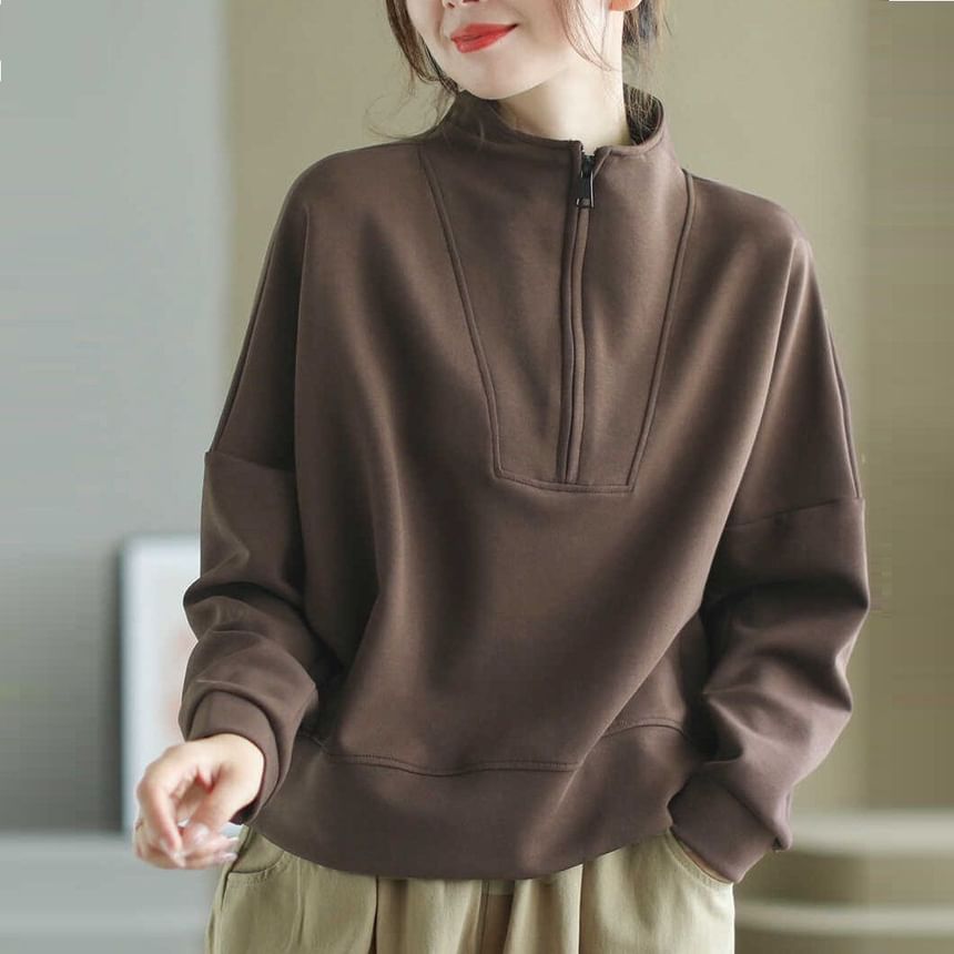 Plain Mock-Neck Half-Zip Pullover