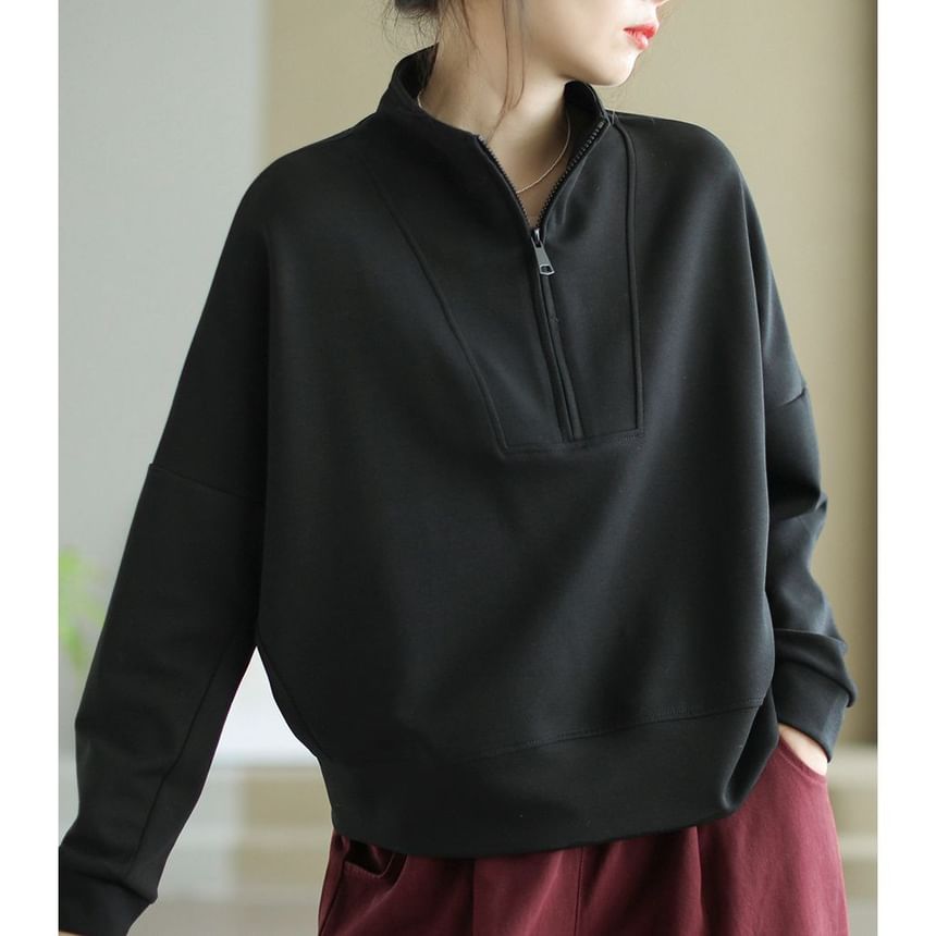 Plain Mock-Neck Half-Zip Pullover