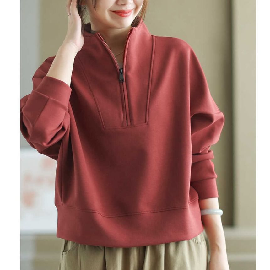 Plain Mock-Neck Half-Zip Pullover
