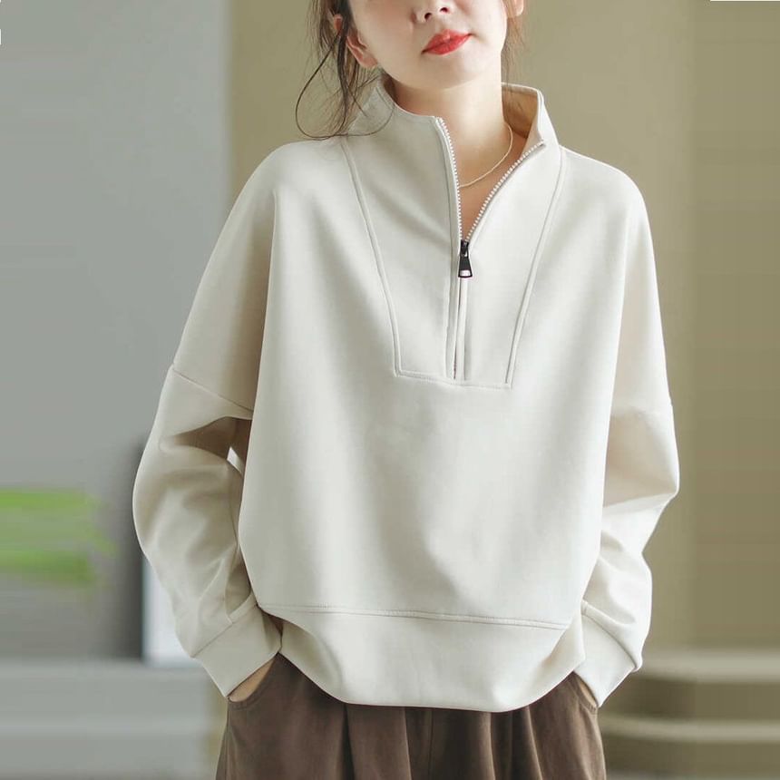 Plain Mock-Neck Half-Zip Pullover