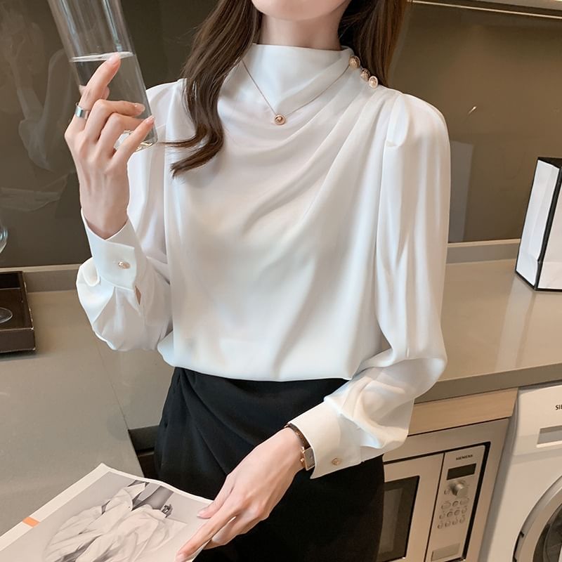 Plain Ruched Mock-Neck Long-Sleeved Blouse