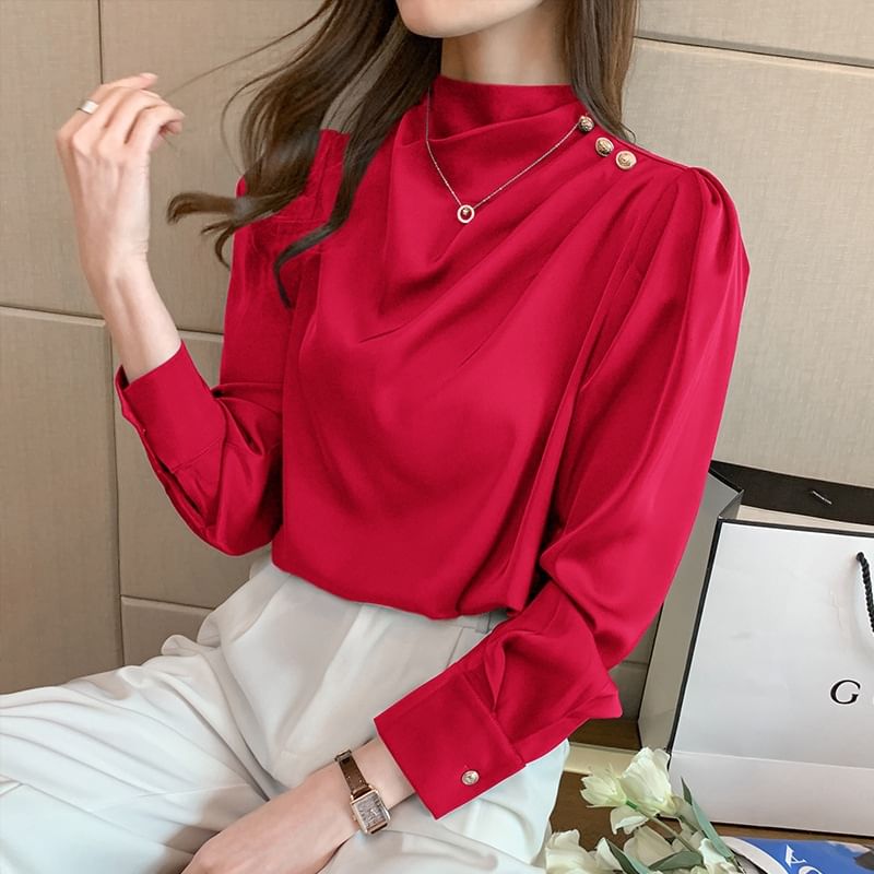 Plain Ruched Mock-Neck Long-Sleeved Blouse