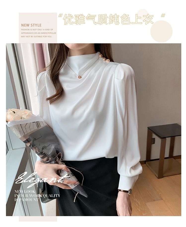 Plain Ruched Mock-Neck Long-Sleeved Blouse
