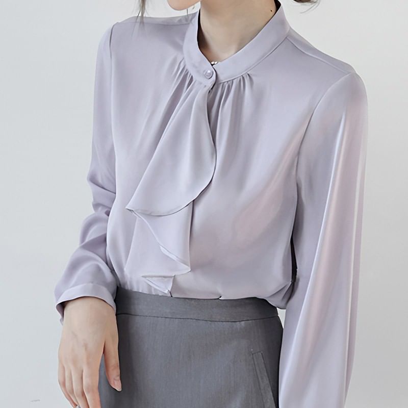 Plain Ruffle-Trimmed Band-Collar Long-Sleeved Blouse