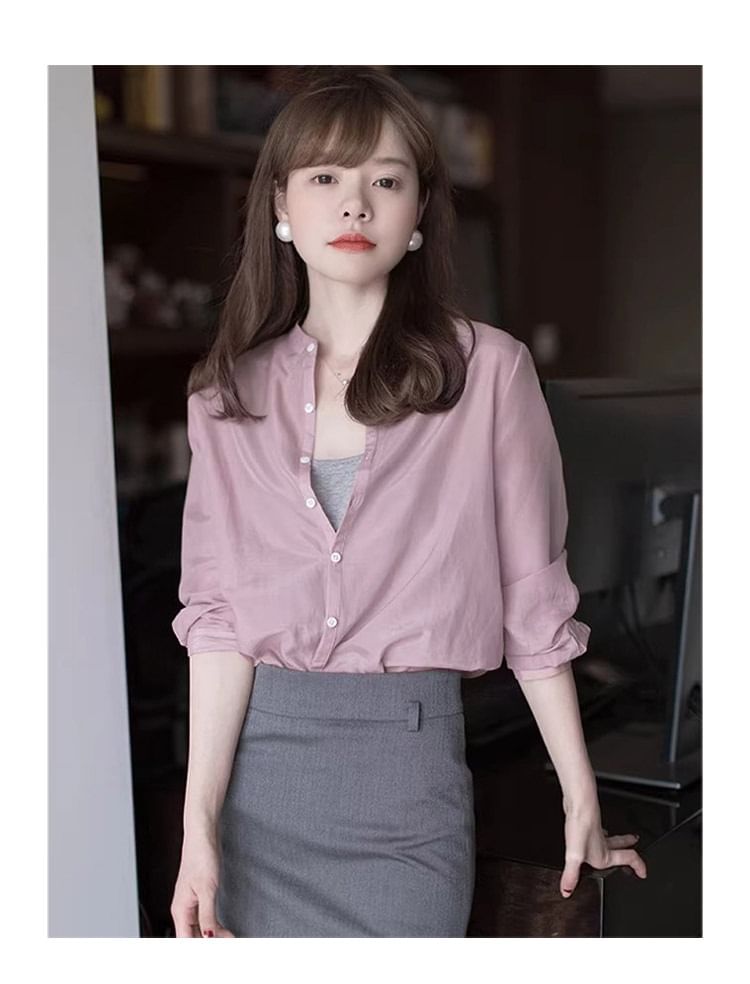 Plain Band-Collar Long-Sleeved Button-Up Shirt