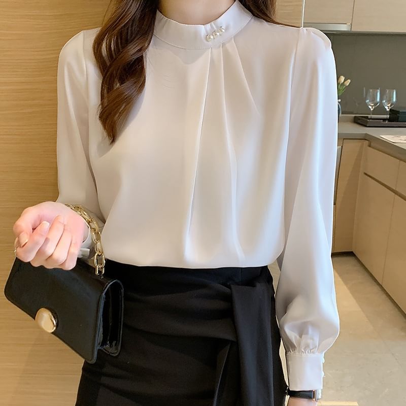 Plain Ruched Band-Collar Long-Sleeved Blouse