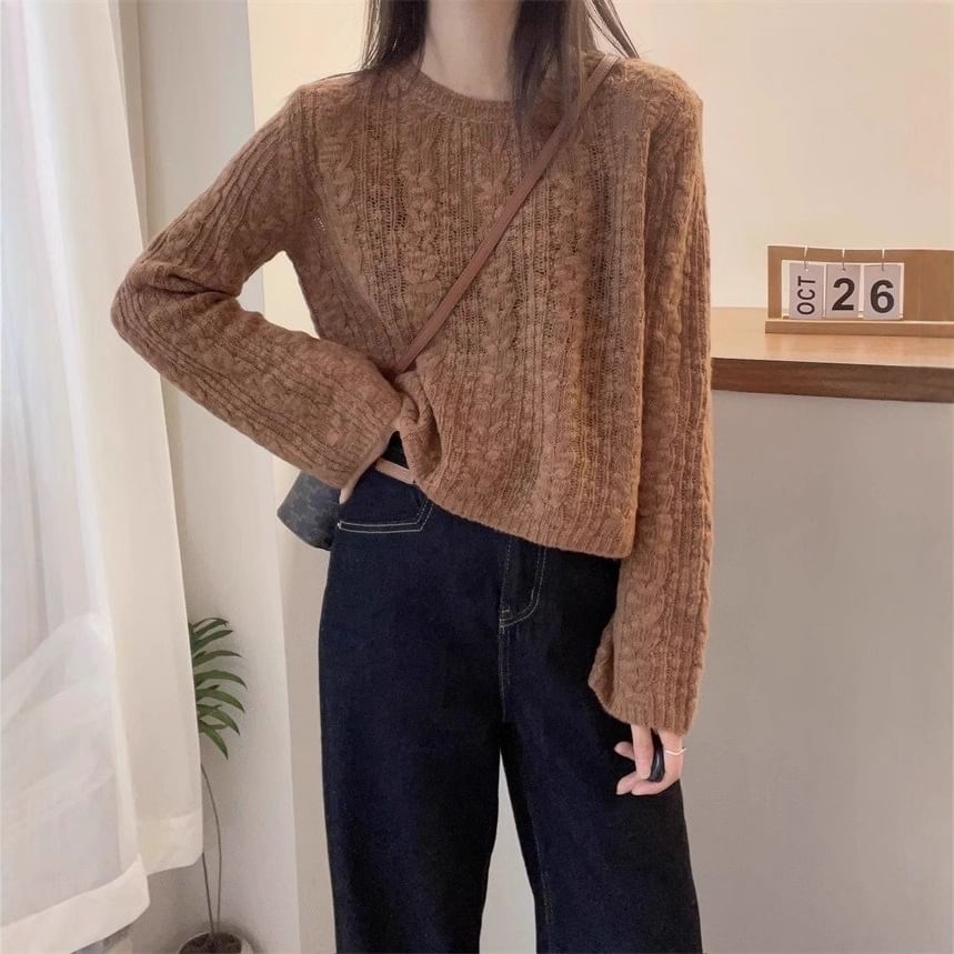 Plain Cable-Knit Crewneck Sweater