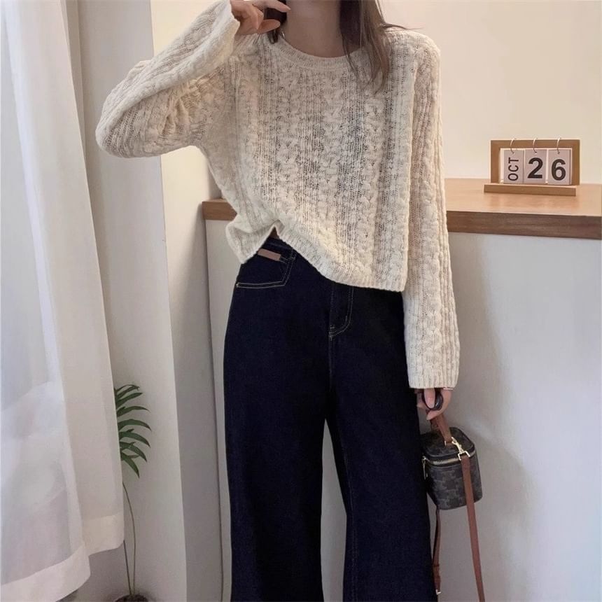 Plain Cable-Knit Crewneck Sweater