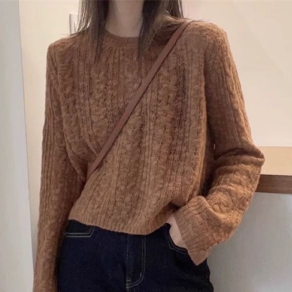 Plain Cable-Knit Crewneck Sweater