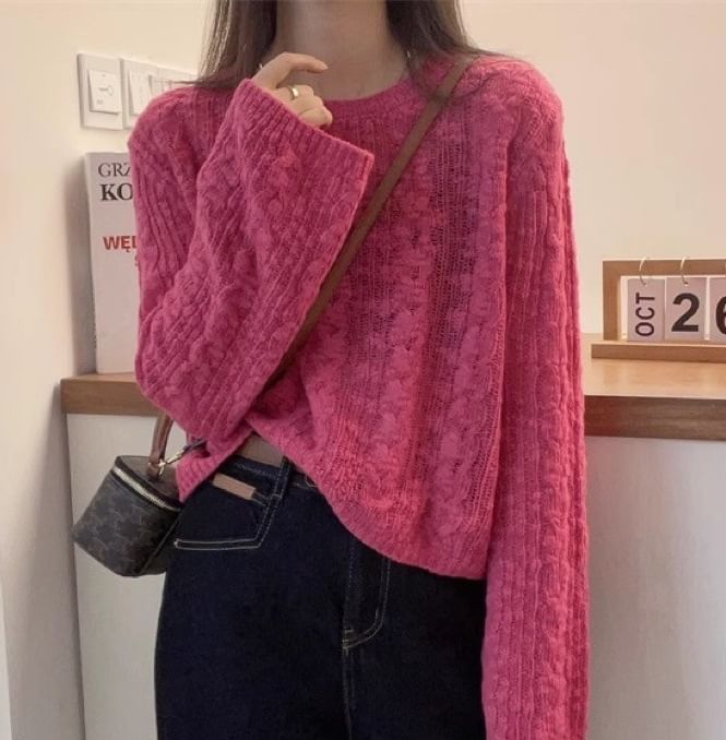 Plain Cable-Knit Crewneck Sweater