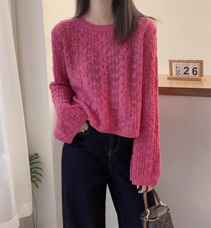 Plain Cable-Knit Crewneck Sweater