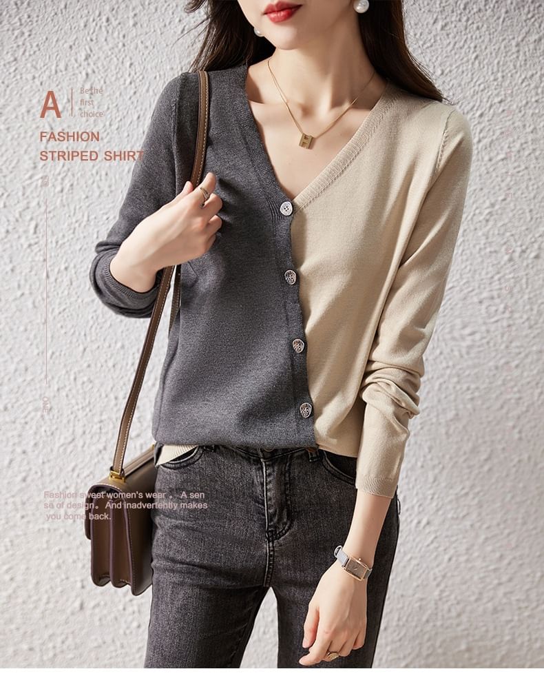 Two-Tone V-Neck Long-Sleeved Button-Up Knit Top